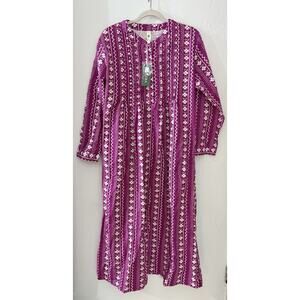 La Cera Flannel Granny Nightgown M Burgundy Snowflake Print Pintucked